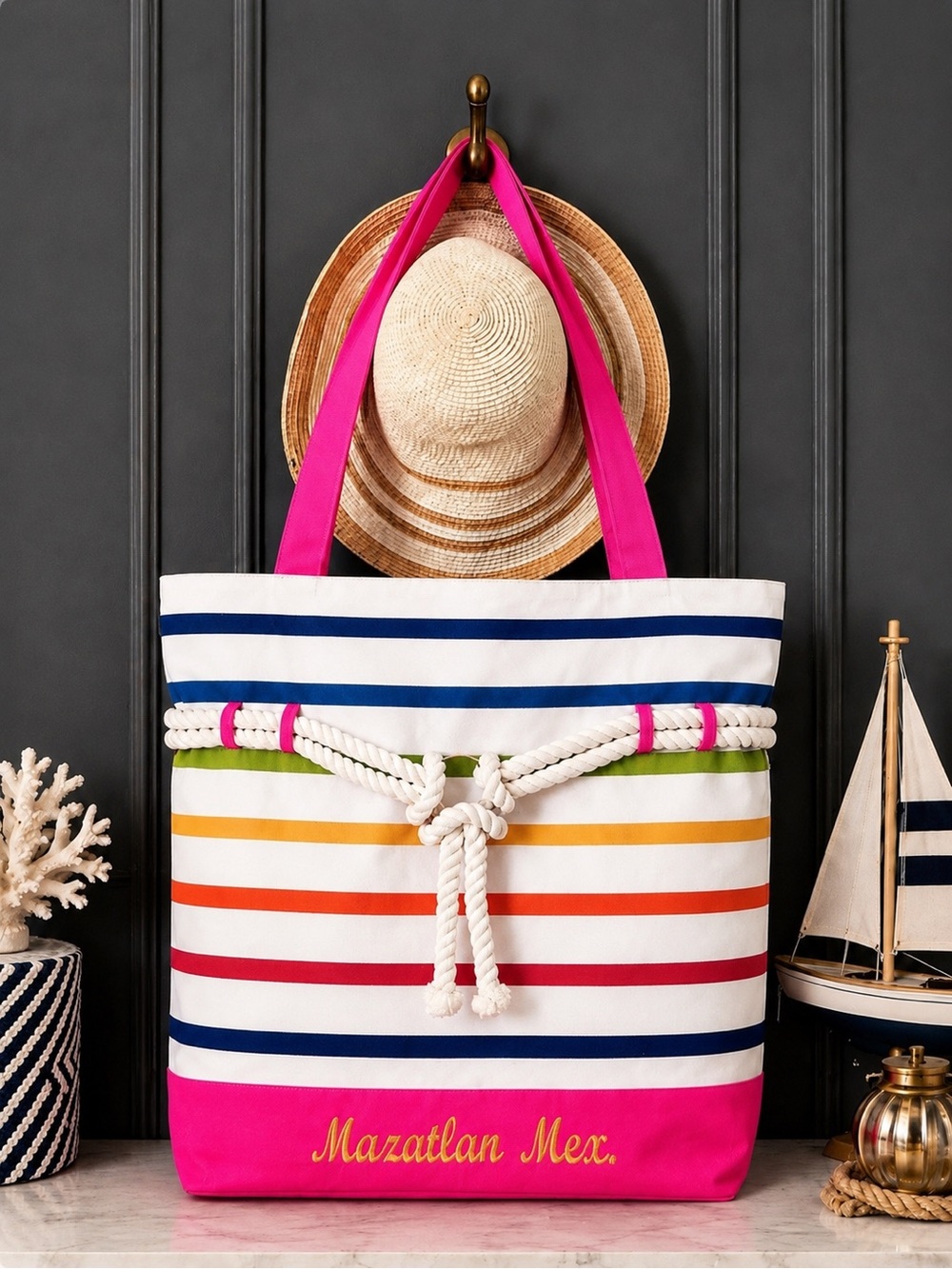 Large Beach Tote Bag Pink Rainbow Stripe & Straw Sun Hat Resort Cruise Vacation